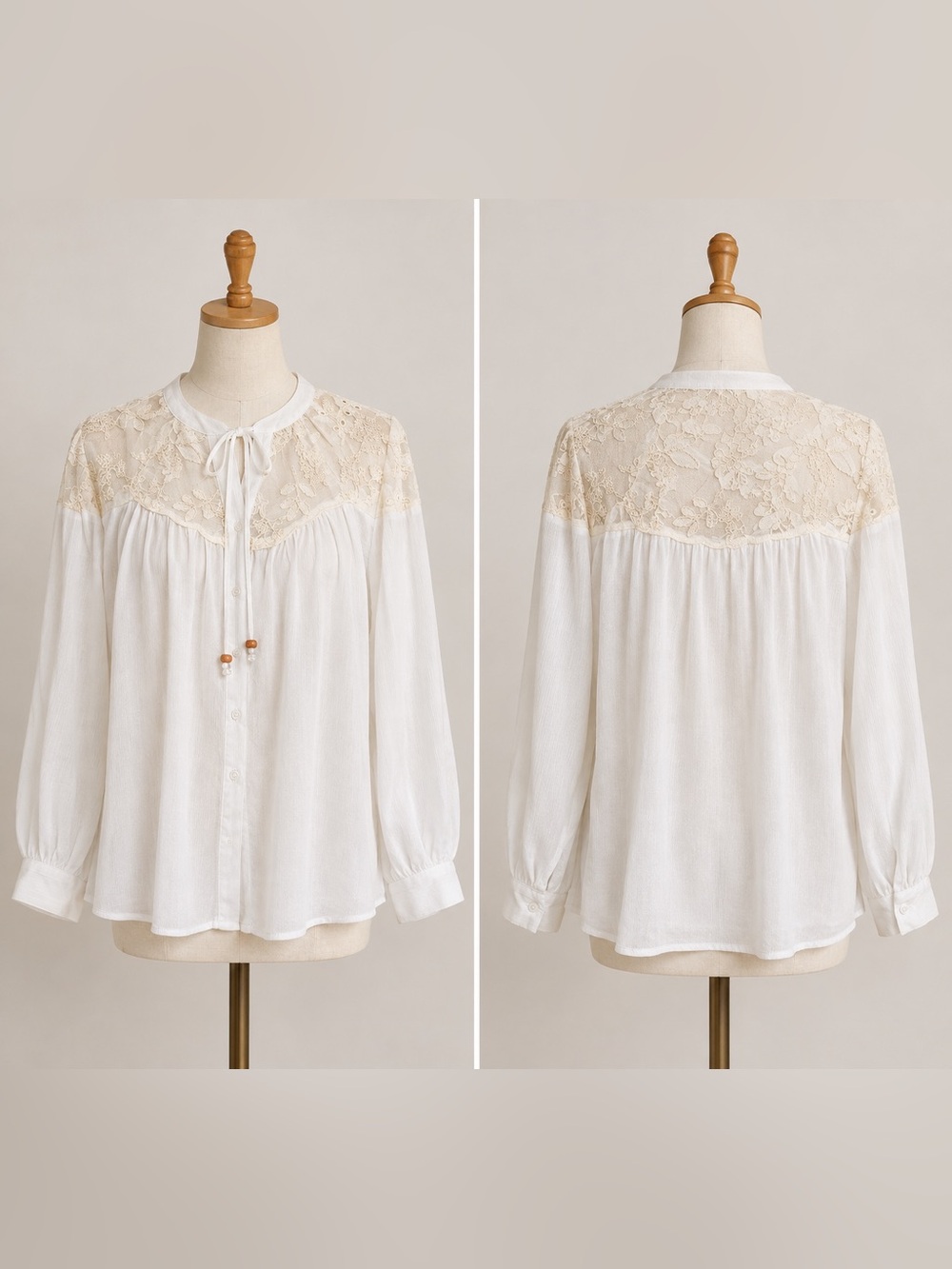 Badgley Mischka Cream Lace-Yoke Tie-Neck Blouse